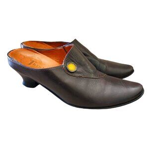Think! Brown Leather Pointed Toe Artsy Aladdin Lagenlook Mule Clog Heels Sz. 40